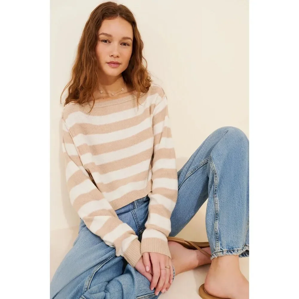 Free People Striped Into The Blue Crop Pullover Sweater Med NWT $108